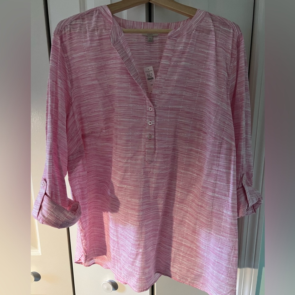 Talbots Pink 3 Button Tunic with rolled sleeves
